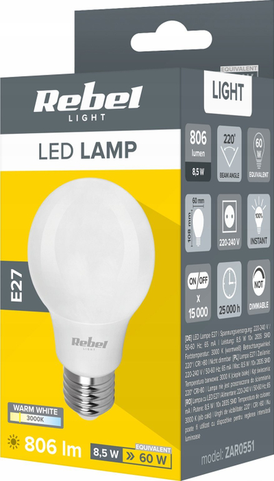 Llampo LED Rebel A60, 8.5W, 3000K E27, dritë e bardhë e ngrohtë