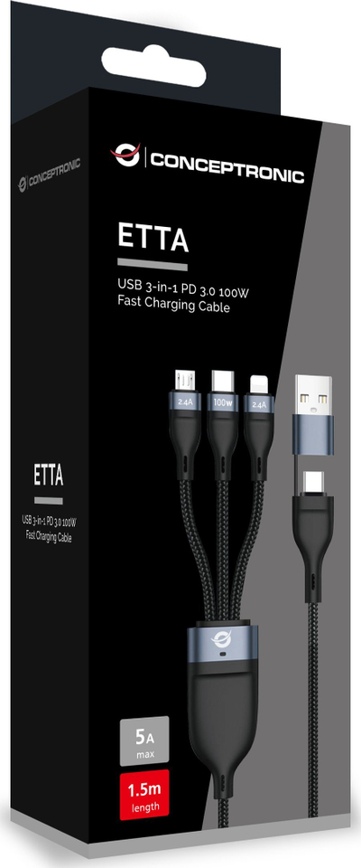 Kabllo USB Conceptronic 3 më 1, USB C A 3.0, 100 W, 1.5 m