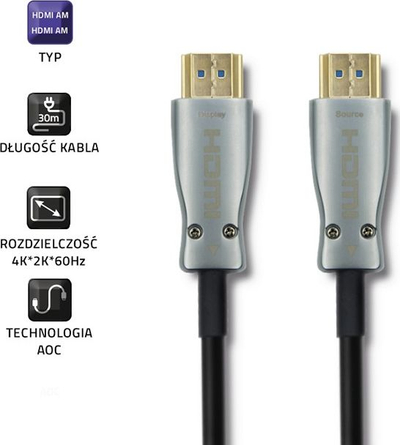 Kabllo HDMI Qoltec v2.0, AOC, 30m, e zezë