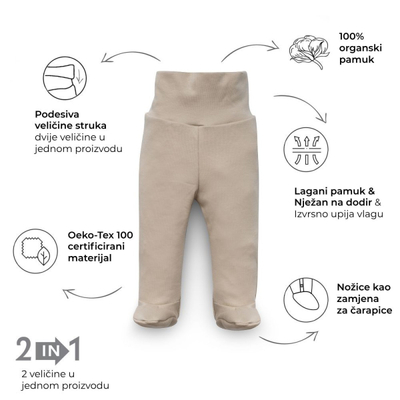 Pantallona për bebe Kenguru Gold Hazelnut, pambuk organik, madhësia 56-62, bezhë