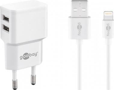Karikues Goobay JAB-5957203, 2x USB A, 2.4A, me 2 kabllo Lightning, i bardhë