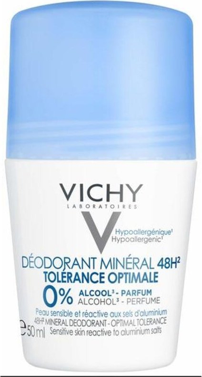 Deodorant roll-on Vichy Mineral 48-orësh, 50 ml, pa alkool, i bardhë