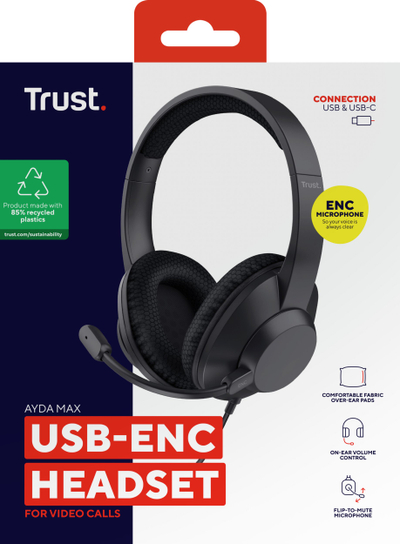 Kufje Trust Ayda Max me kabllo, USB C dhe USB A, të zeza
