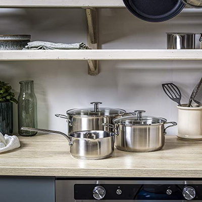 Set tenxoresh KitchenAid Inox, 5 pjesë, me kapakë qelqi, çelik inox argjendtë