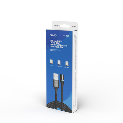 Kabllo magnetike Savio CL-152, 3 në 1 USB-C Micro USB Lightning, 1 m, e zezë