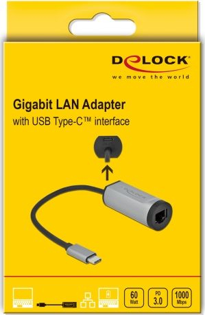 Adapter rrjeti DeLOCK 64116, USB Type C në Gigabit LAN, PD 60W, gri