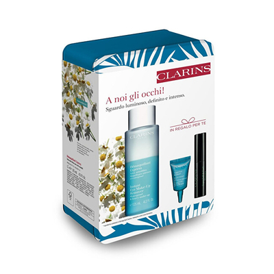 Set Clarins Démaquillant Express Eye Care, pastrues grimi 125 ml + maskë për sytë 3 ml + maskarë 3 ml