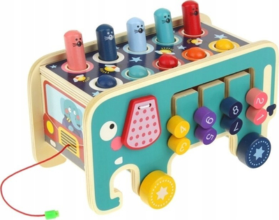 Lodër druri për t’u tërheq, elefant me çekiç, edukative, shumëngjyrëshe