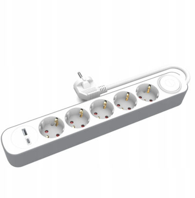 Zgjatues elektrik Plastrol, 5 priza Schuko, me ndërprerës, USB-A dhe USB-C, 1.5 m
