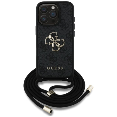 Футрола за телефон Guess 4G Metal Logo Crossbody за iPhone 16 Pro, PU, со ремен, црна