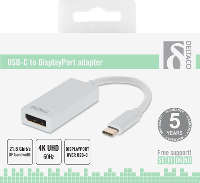 Adapter video DELTACO USBC-DP1, USB-C me DisplayPort, 4K 60Hz, i bardhë