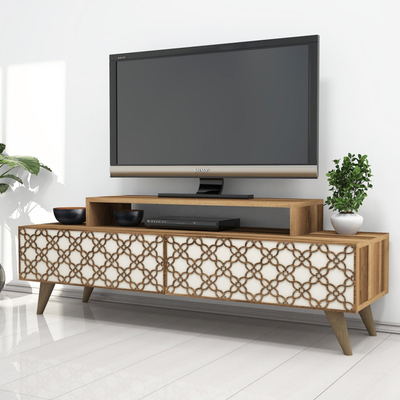 Konsolë TV Hommy Craft City, 140x48.8x41.8cm, dekor CNC, ngjyrë walnut krem
