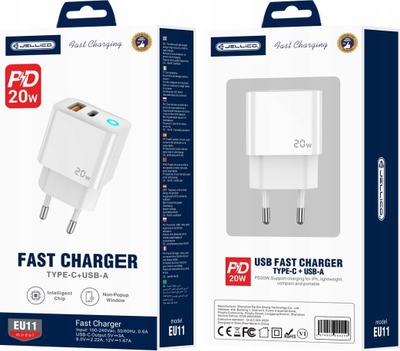 Karikues muri JELLICO EU11, PD 20W, 1xUSB C dhe 1xUSB QC3.0, me kabllo USB C në USB C, i bardhë