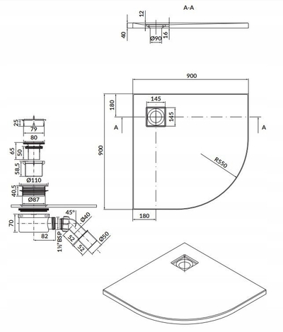 Vaskë dushi gjysmë-rrethore Cersanit Tako Slim, 90x90 cm, 4 cm, gri matt