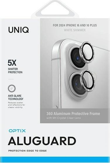 Mbrojtëse kamere Uniq Optix Aluguard për iPhone 16 6.1" dhe 16 Plus 6.7", xham 9H, White Shimmer