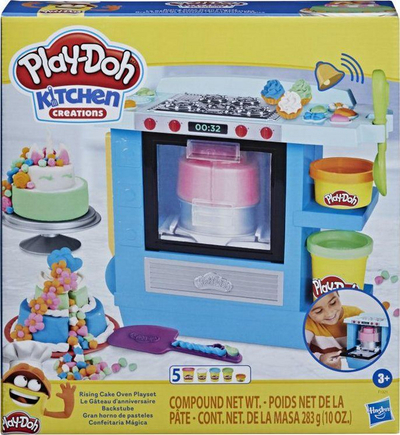 Set lodër Play Doh Kitchen Creations Rising Cake Oven, me furrë torte, 5 kanaçe, shumëngjyrësh