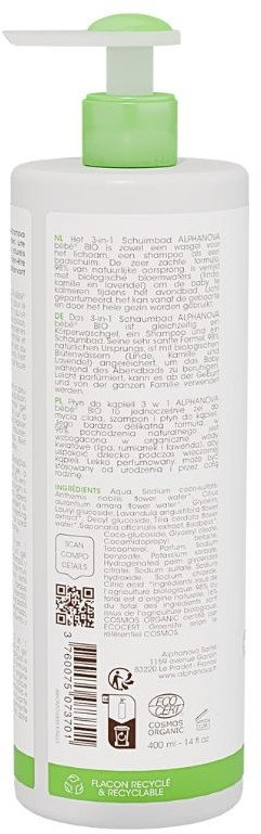 Гел за туширање за бебиња Alphanova Baby 3 во 1, тело и коса, органски, 400 ml