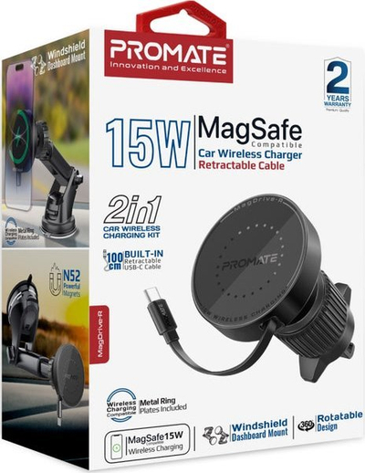 Држач за телефон ProMate MagDrive R, безжичен полнач 15W, MagSafe, црна