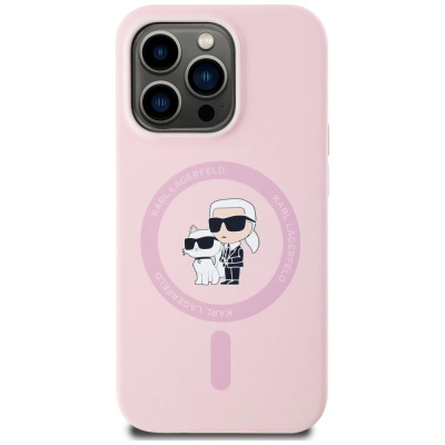 Заштитна маска за телефон Karl Lagerfeld Karl and Choupette MagSafe, за iPhone 14 Pro Max, мазен силикон, розова