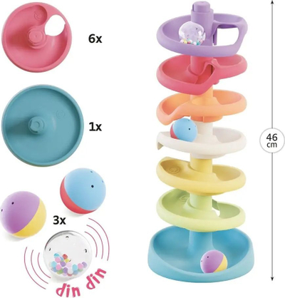 Игра за градење Quercetti PlayEco+ Spiral Tower Evo, 10 делови, со топчиња и звуци, повеќебојна