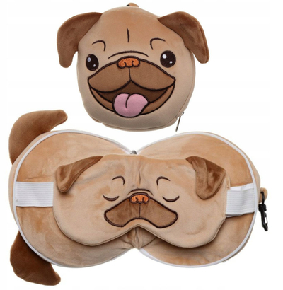 Jastëk udhëtimi Relaxeazzz Mopps Pug, me maskë sysh, pelushi, kafe