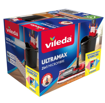 Set pastrimi Vileda Ultramax Box+, mop me kovë, mikrofibër, e kuqe e zezë