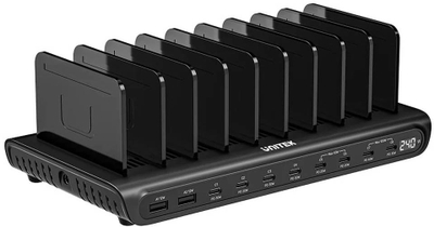 Stacion karikimi Unitek uCharge P1230C, 10 porta USB C dhe USB A, 240W, i zi
