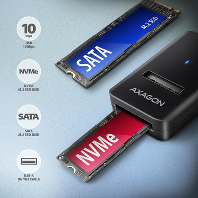 Адаптер за SSD M.2 AXAGON ADM2-AM, NVMe и SATA, USB-A 10 Gbps, кабел 10 cm