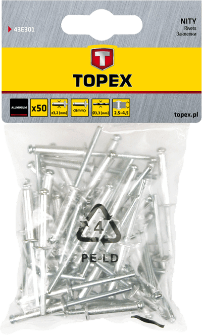 Riveta alumini Topex 43E302, 3.2x10mm, 50 copë, ngjyrë argjendi