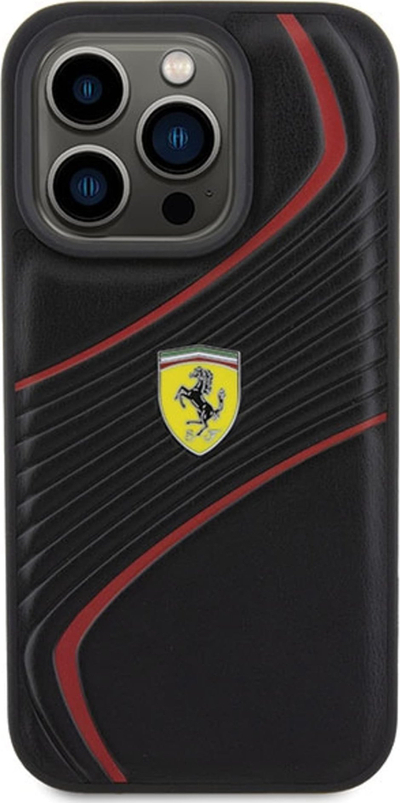 Mbulesë telefoni Ferrari Twist Metal Logo për iPhone 15 Pro 6.1", plastike, e zezë