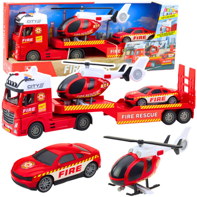 Set lojërash zjarrfikës LEAN Toys 22997, kamion helikopter veturë, me drita dhe tinguj