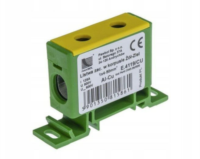 Конектор за DIN шина Pawbol E.4119/CU, 1x4-50mm², 125A 1000V, жолто-зелен
