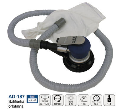 Bluarëse orbitale me ajër të kompresuar Adler MAR187, pjatë 125 mm, 10500 rpm, blu e zezë