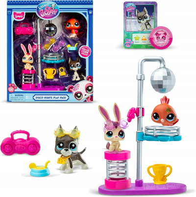 Сет за игра Hasbro Littlest Pet Shop Disco Nights, 3 фигурки, повеќебојни