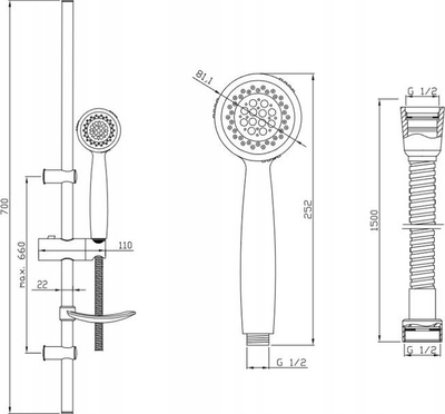Set dushi SIROS Shower Set, shufër 70 cm, 3 funksione, krom gri