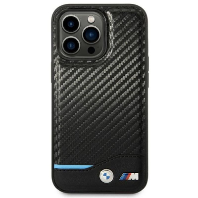 Mbulesë telefoni BMW M Collection për iPhone 14 Pro Max, lëkurë PU me efekt karboni, mbrojtëse, e zezë me vijë blu