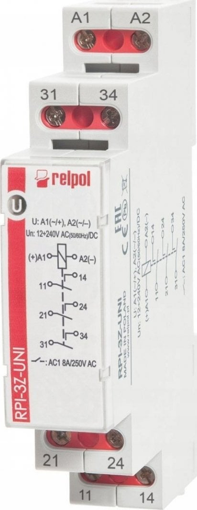 Rele elektromagnetike Relpol RPI-3Z-UNI 863515, 3NO, 8A, 12-240V AC DC
