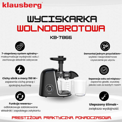 Shtrydhës i ngadalshëm Klausberg KB-7866, teknologji cold press, i zi me argjend