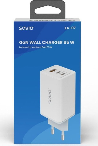 Karikues rrjeti Savio LA-07, GaN 65W, 2x USB-C 1x USB-A, i bardhë