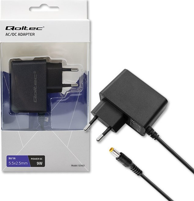 Karikues prizë Qoltec, 9W, 9V 1A, 5.5x2.5 mm, i zi