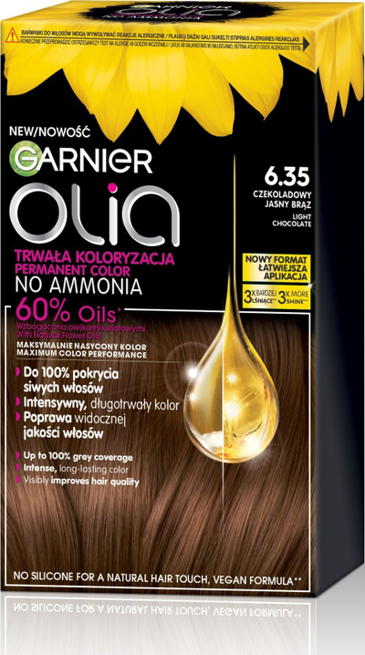 Ngjyrë flokësh Garnier Olia 6.35 Çokollatë e Çelët, e përhershme, mbulim i plotë i thinjave