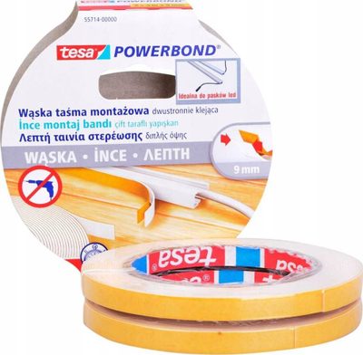 Shirit vetëngjitës dypalësh Tesa Powerbond 55714, 5m x 9mm, set 2 copë, i bardhë