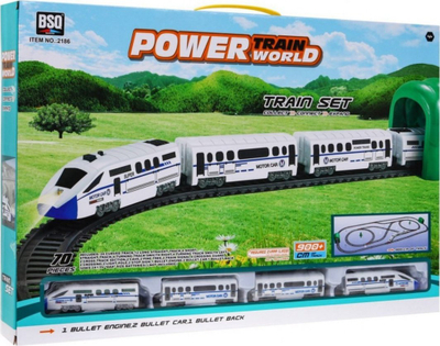 Set lodër treni BSQ Power Train World, 70 elemente, 9 m shina, i bardhë