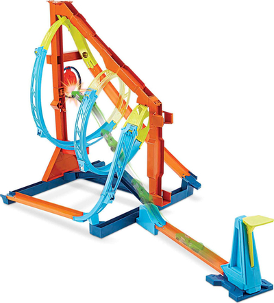 Set pistë lodër Hot Wheels Track Builder Unlimited Corkscrew Twist Kit, me makinë 1:64, shumëngjyrëshe