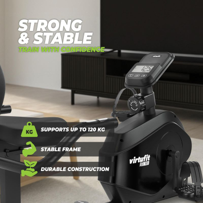 Biçikletë recumbent VirtuFit RB 1.0, me ekran, me rezistencë që e rregullon vetë, ngjyrë e zezë