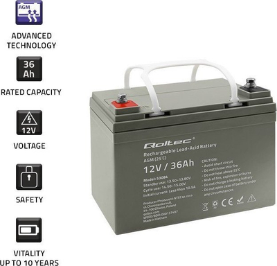 Bateri AGM Qoltec 12V 36Ah, 540A, gri