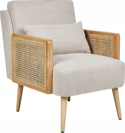 Fotel ORUM Fabric, kornizë druri, dekor ratan, bezhë e çelët