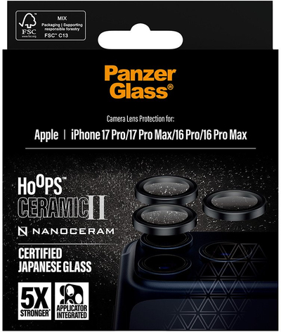 Mbrojtës kamere PanzerGlass Hoops Ceramic II, për iPhone 17 Pro 17 Pro Max 16 Pro 16 Pro Max, i zi