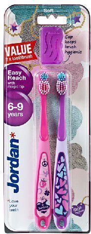Furça dhëmbësh Jordan DUO Easy Reach për fëmijë 6 9 vjeç, qime të buta, 2 copë