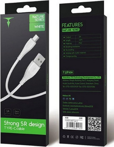 Kabllo USB C në USB C T Phox, 1.2 m, 3A Power Delivery, e bardhë